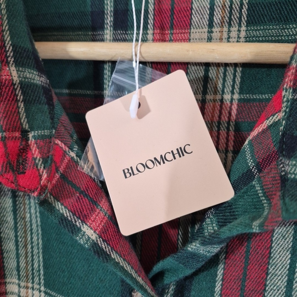 BloomChic Green Red Plaid Flannel‎ Button Front Shirt Dress Plus Sz 18-20 New - Picture 6 of 13